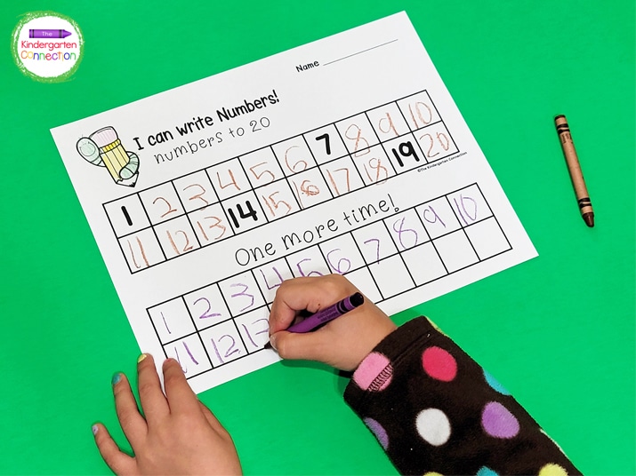 In my math centers, we begin with the Numbers to 20 printable for beginning number writing practice.