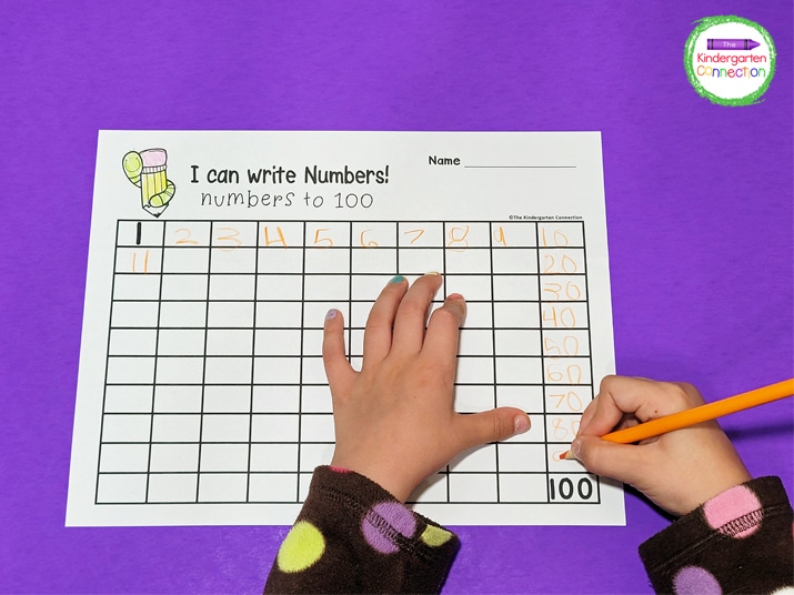 It is helpful for students to count by tens before filling in the Numbers to 100 printable.