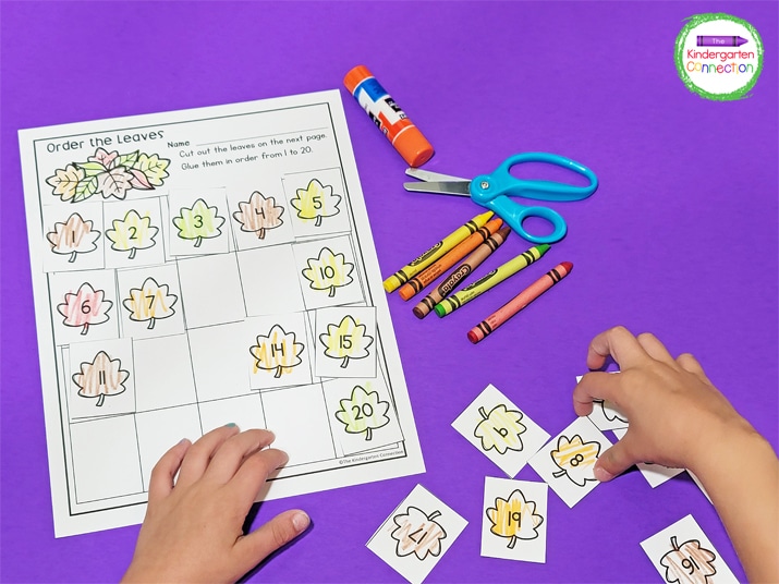 Have your kiddos cut and paste the leaves in number order from 1-20 on this October printable.