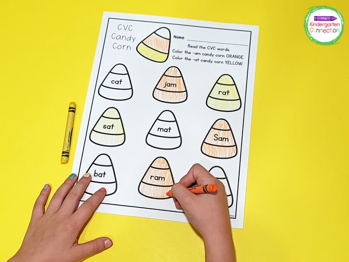 In this CVC Candy Corn activity, kids read the CVC words and then use the code to color the candy corn.