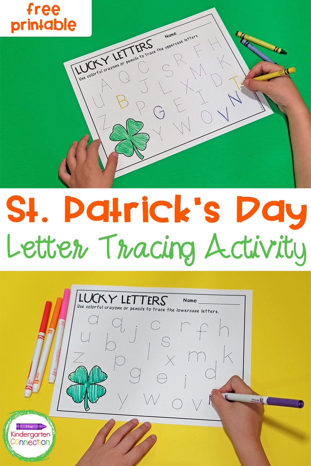 Grab these free St. Patrick's Day Letter Tracing Printables for a low-prep alphabet review activity for both uppercase and lowercase letters!