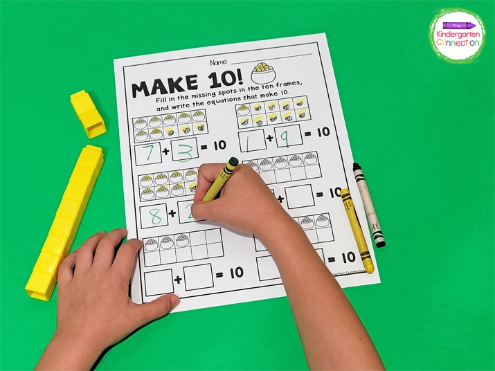 One version of the make 10 printables includes fun pots of gold filling the ten frames.
