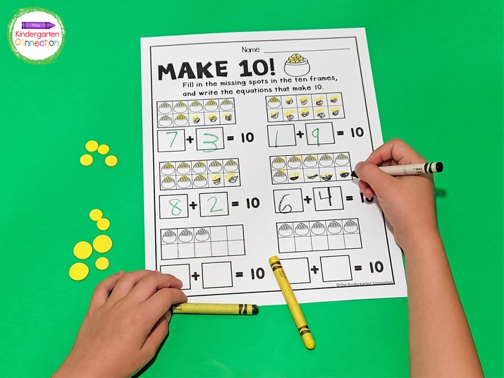 I also like to set out fun manipulatives with the make 10 printables for extra support.