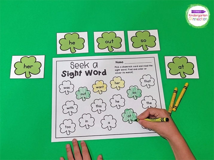 Print the shamrock sight word cards, and recording sheet, and grab some crayons to get started!