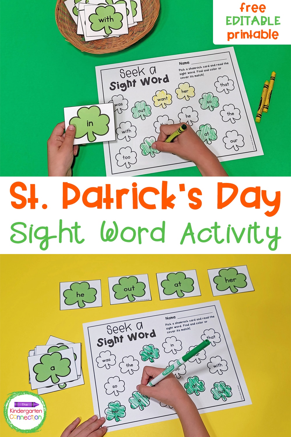 This FREE editable St. Patrick's Day Sight Word Game is great for literacy centers or partner work in Kindergarten!