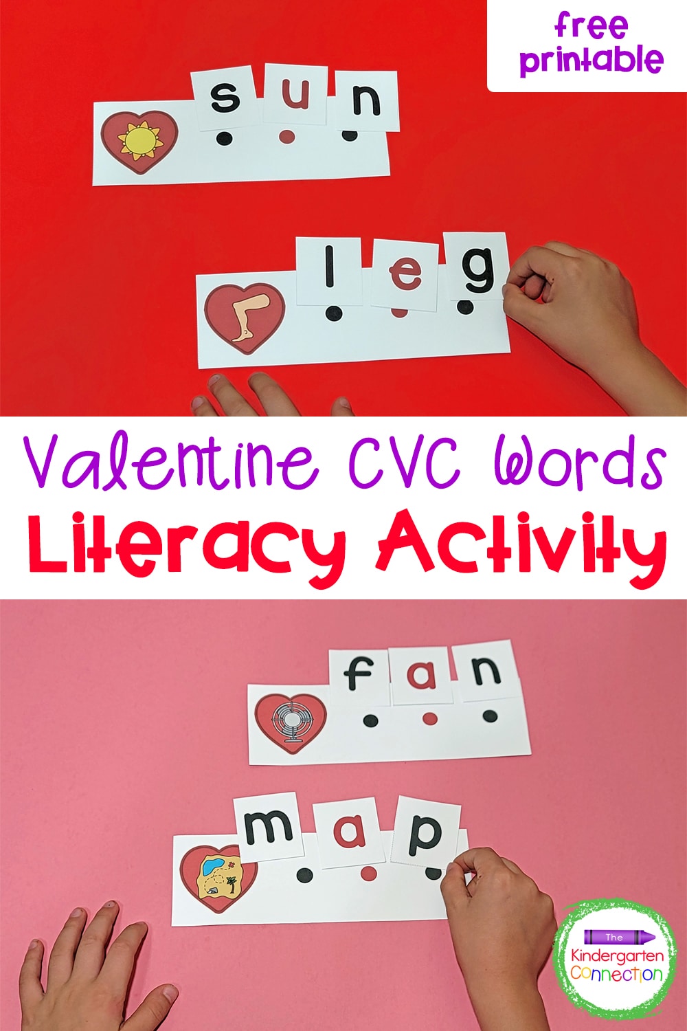 This free Valentine CVC Words Activity for Kindergarten combines hearts with letter sounds and building simple words!