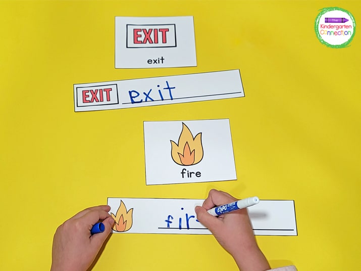Print the Write It! strips, laminate them, and then add them to your centers with dry erase markers.