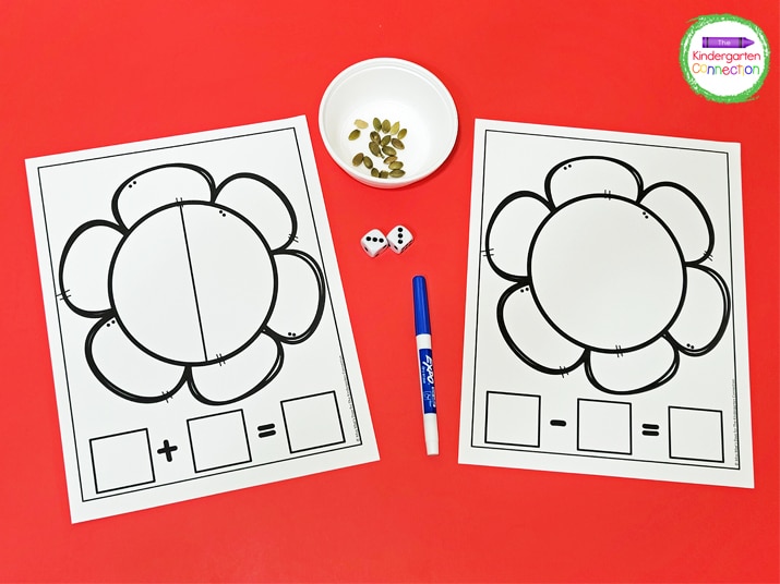 Print and laminate the math mats and grab some manipulatives, dice, and dry erase markers to play!