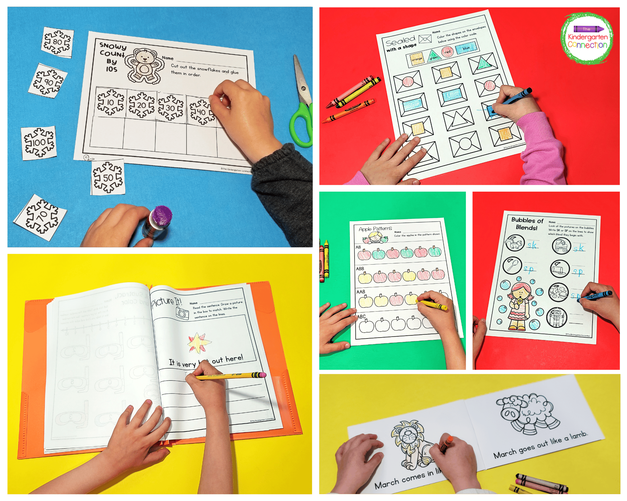This amazing resource pack includes 10 themed sets of math and literacy printables for Kindergarten.