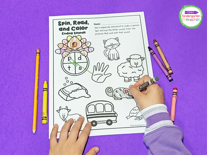 In this Spin, Read, and Color activity, kids work on identifying ending sounds.