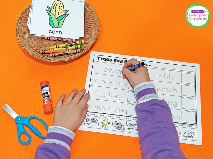 We use fun writing tools like crayons on the Trace and Paste printable.