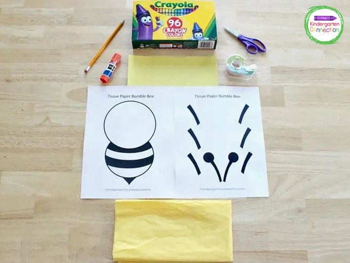 Simple supplies like crayons, scissors, glue, tape, tissue paper, and the craft template are all you need.