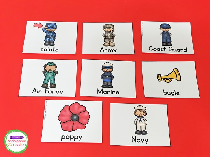The vocabulary cards showcase themes like Air Force, salute, Army, Marine, Coast Guard, poppy, Navy, and bugle.