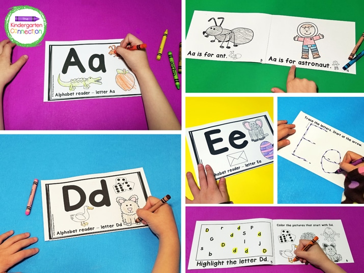 Interactive alphabet books provide students with repetitive text for beginning tracking.
