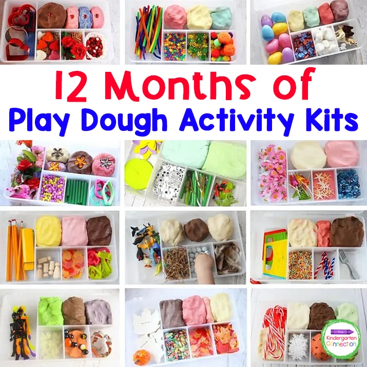 These 12 play dough activity kits include fun themes for the whole year!