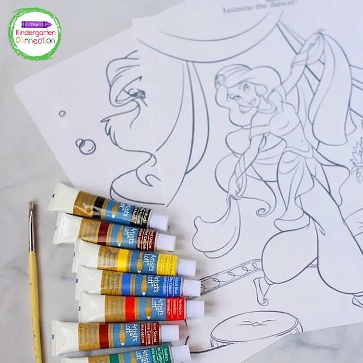 For this activity all you need is printed coloring pages, paintbrushes, and watercolors.
