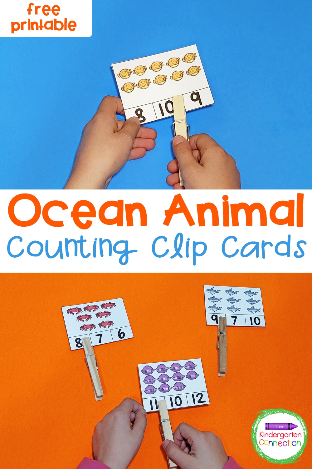 Work on counting and fine motor skills with a fun ocean theme with these free Ocean Animal Count and Clip Cards for Pre-K & Kindergarten!