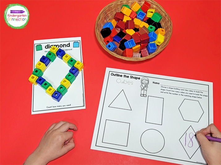Choose a card and build the shape using cubes. Then count the number of cubes and write the answer on the recording sheet.