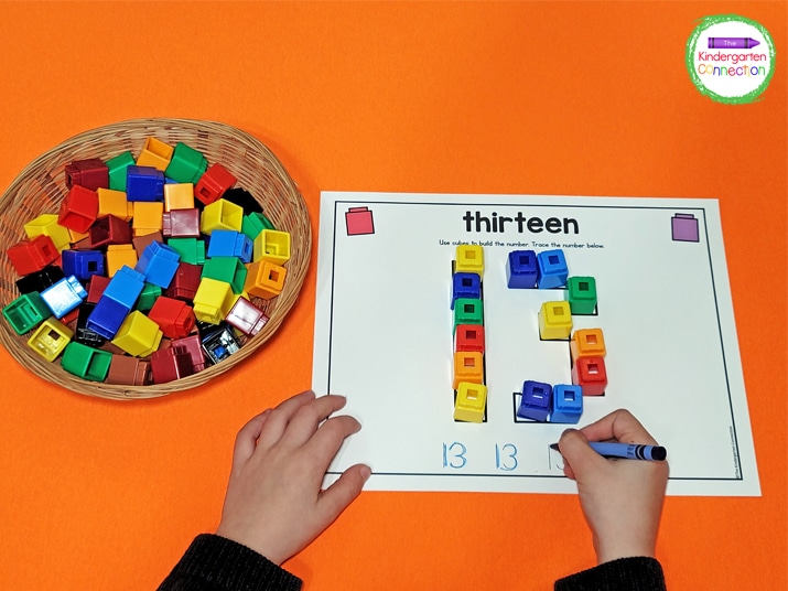 Kids build the numbers using cubes and trace the numbers on the bottom of the card.