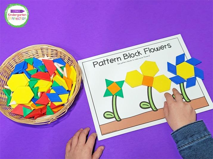 Students can use pattern blocks to build a flower garden on the creation mat.
