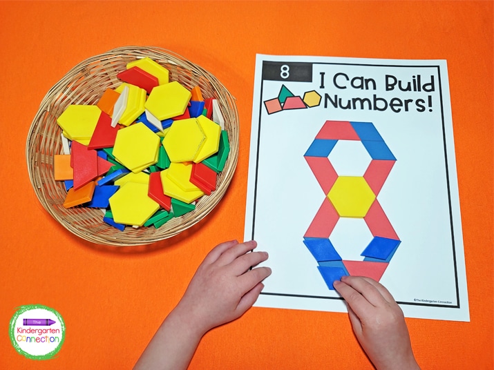 Kids will pick a number mat and use pattern blocks to build the number.