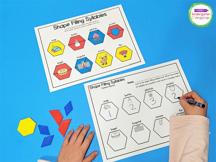 Kids will look at the picture in each hexagon and use pattern blocks to fill the hexagon as they count the syllables.
