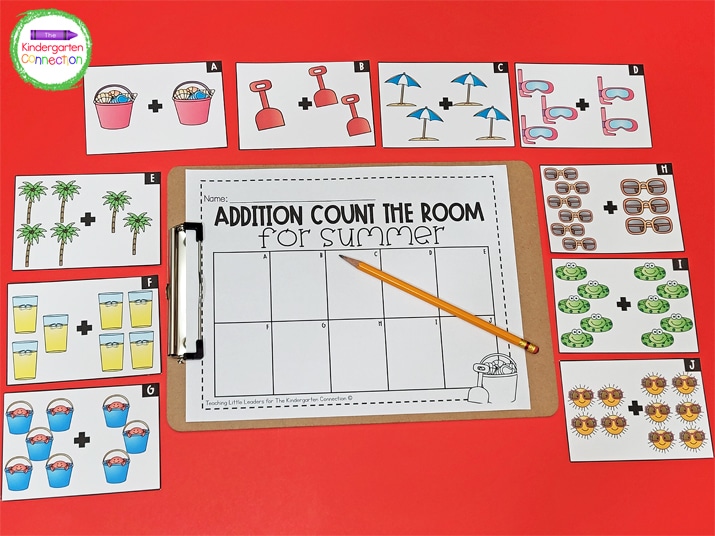 To prep this activity, print and cut the addition cards and grab a clipboard and pencil.