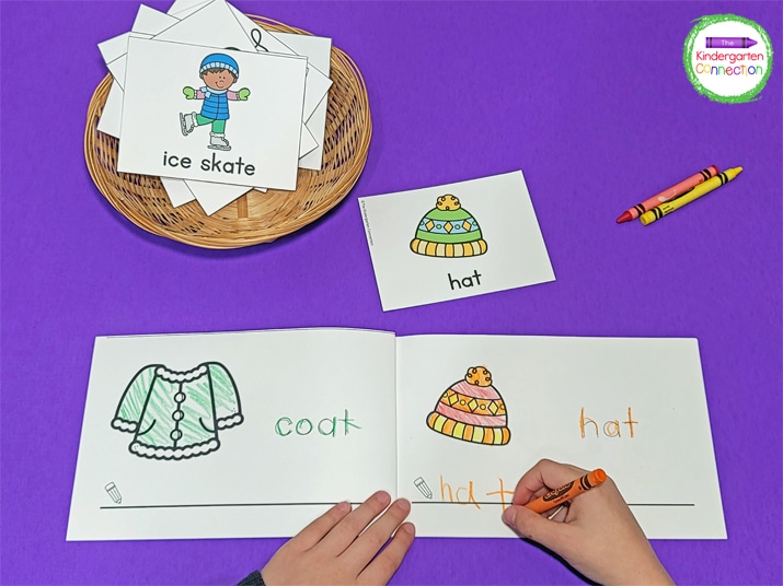 Each page of our mini "Write It!" book contains a picture that matches a vocabulary card for students to write and color.
