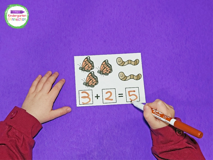 After counting, kids write the equation in the boxes below the bug pictures.