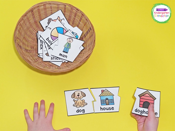 The doghouse puzzle includes 3 pieces that are dog, house, and doghouse.