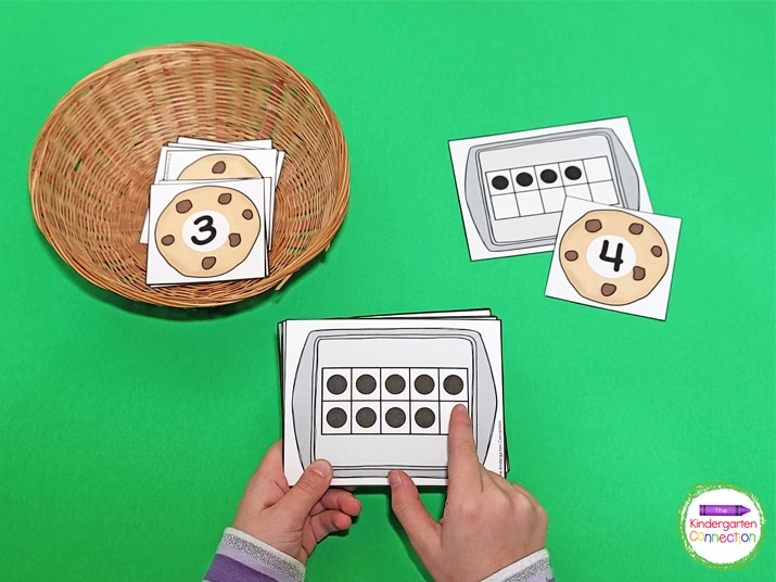 Students picked a cookie number card and found the matching cookie sheet ten frame card.