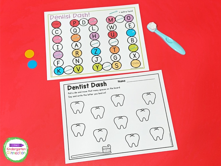 The download includes 2 Dentist Dash gameboards for both uppercase and lowercase letter practice and a recording sheet.