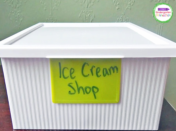 For this Ice Cream Shop I used a plastic storage container for my sensory bin.