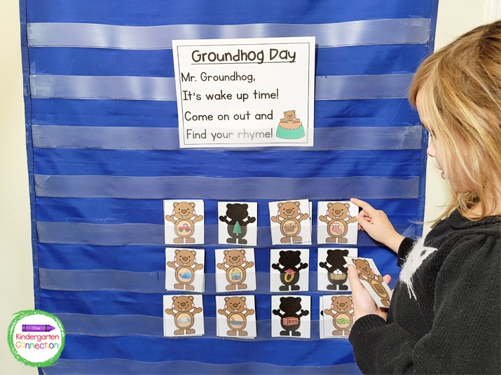 Place the chant and shadow cards in a pocket chart and students can pick a groundhog card and find its rhyming shadow match.