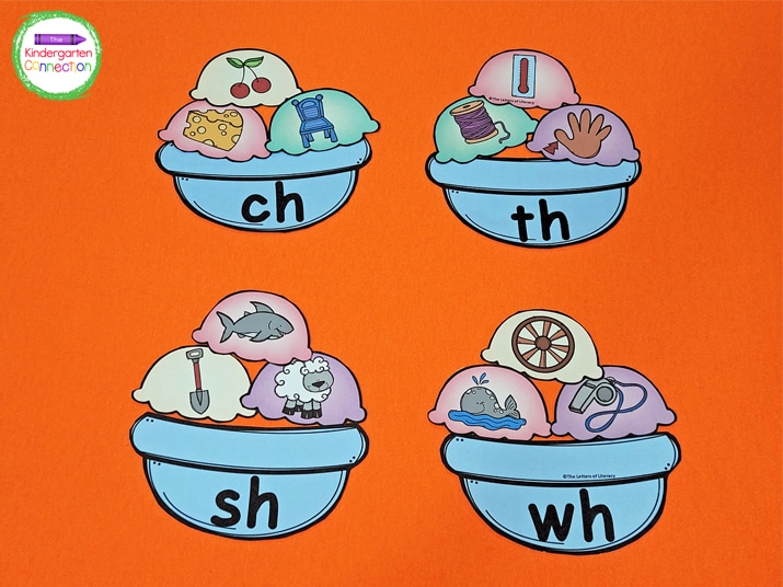 This activity includes ice cream bowls with 4 different digraphs:n sh, ch, th, and wh.