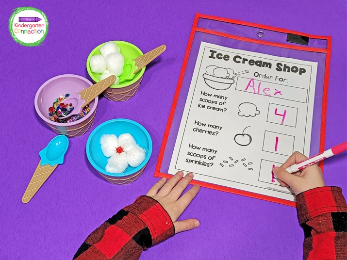 I placed the order form in a dry erase pocket sleeve and gave the kids dry erase markers to write the ice cream orders.
