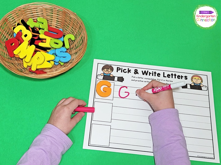 On the Pick and Write Letters printable, students pick a letter manipulative and practice writing that letter.