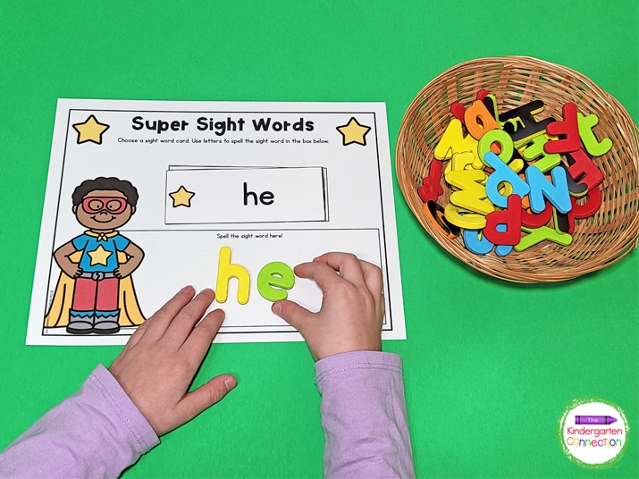 For the Super Sight Words game, kids choose a sight word card and use letters to spell the word in the box.