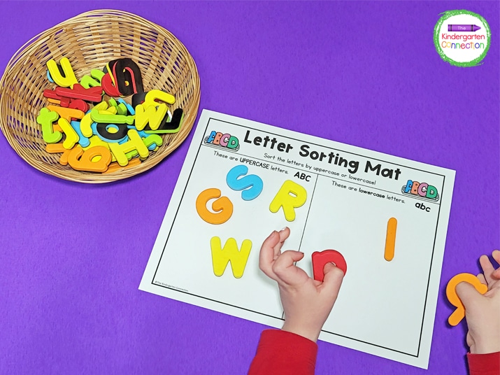 Students can work on recognizing uppercase and lowercase letters with the Letter Sorting Mats.