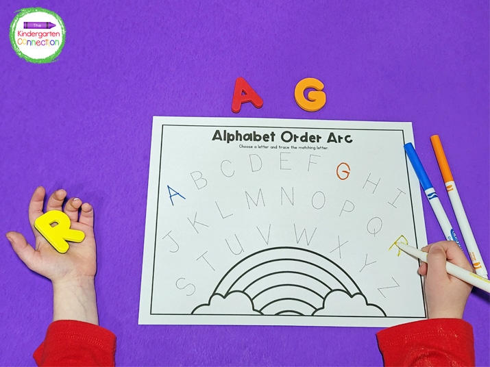Kids can pull a letter manipulative from a grab bag and trace it on the printable using fun writing tools.