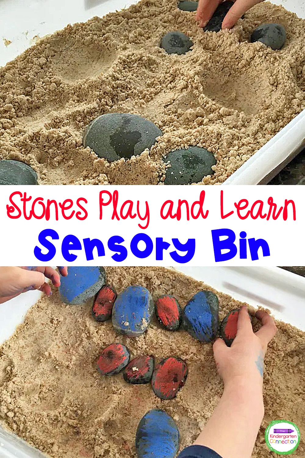 Grab some stones and this easy recipe for moon sand for a fun Stones and Sand Sensory Bin Activity! Work on patterning, sorting, and more!