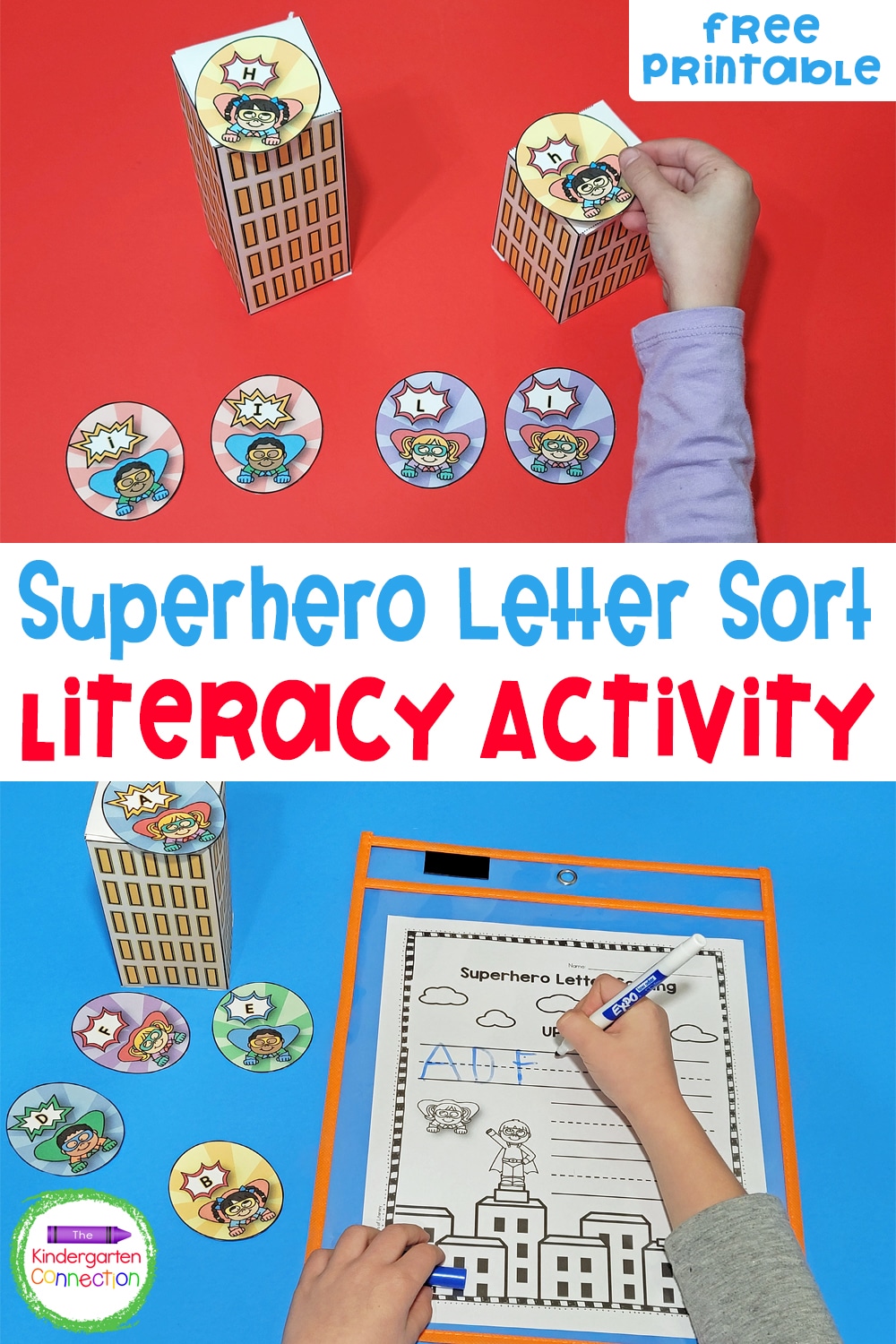 Grab this free Superhero Letter Sort for your Pre-K or Kindergarten literacy centers and work on letter recognition in a "super" fun way!