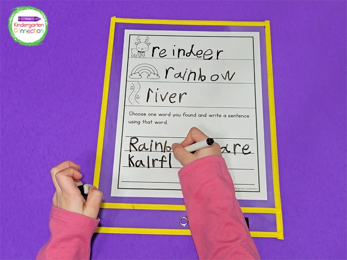 The second version of the back page includes 3 additional pictures for labeling and blank lines for kids to write their own sentence.