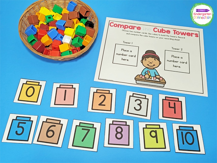 To prep, print the activity math mat and  cube number cards, cut out the cards, and grab some linking cubes.
