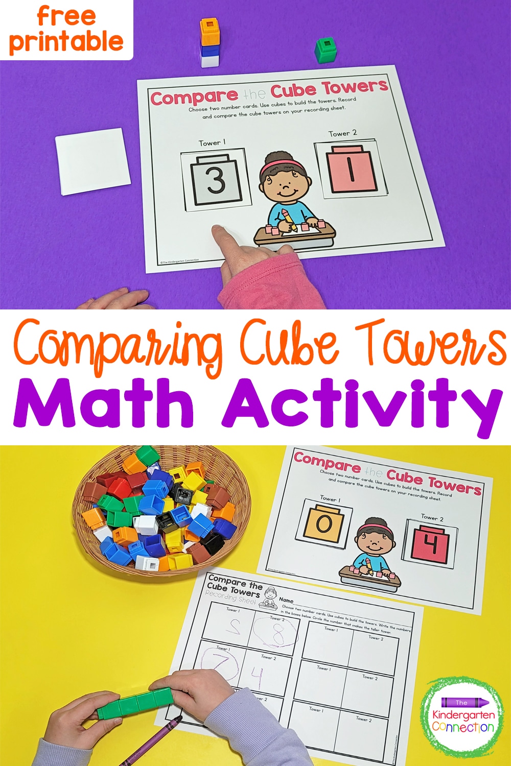 This free printable Cube Towers Comparing Numbers Activity is a hands-on way for kids to work on counting and comparing!