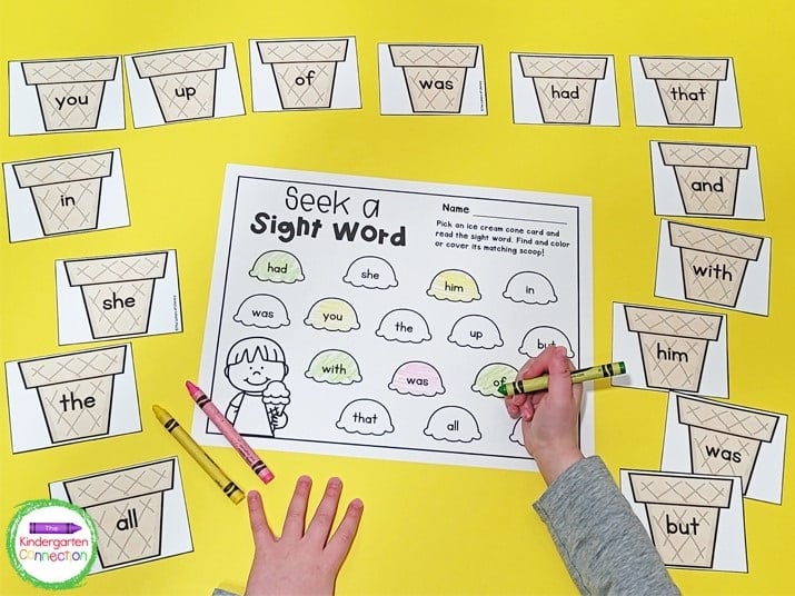 Students will continue picking sight word cones and coloring them on the recording sheet until all the scoops are colored.