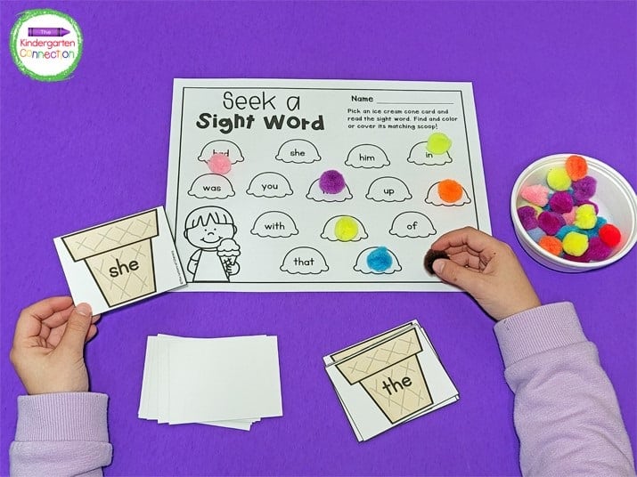 Students can also use fun manipulatives like pom poms to cover up the words on the recording sheet.