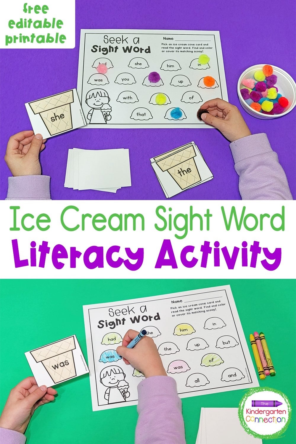 Grab this free Editable Ice Cream Cone Sight Word Game and use it in your Kindergarten literacy centers or small groups!