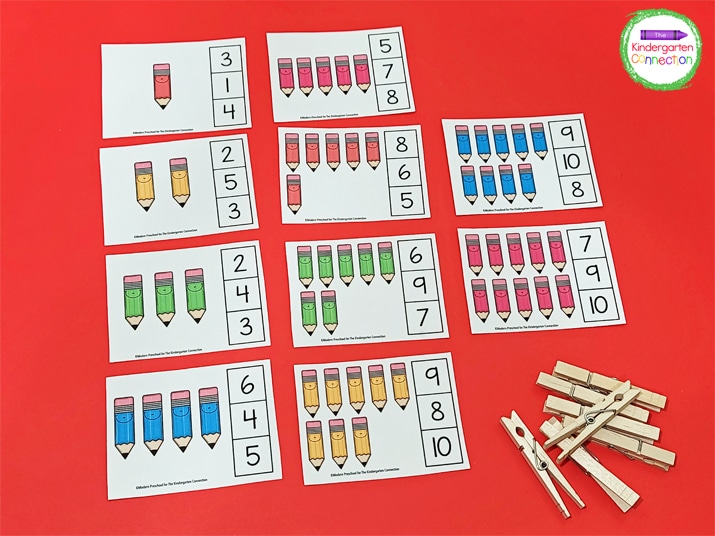 Print and laminate the counting cards for durability and grab some clothespins for clipping.