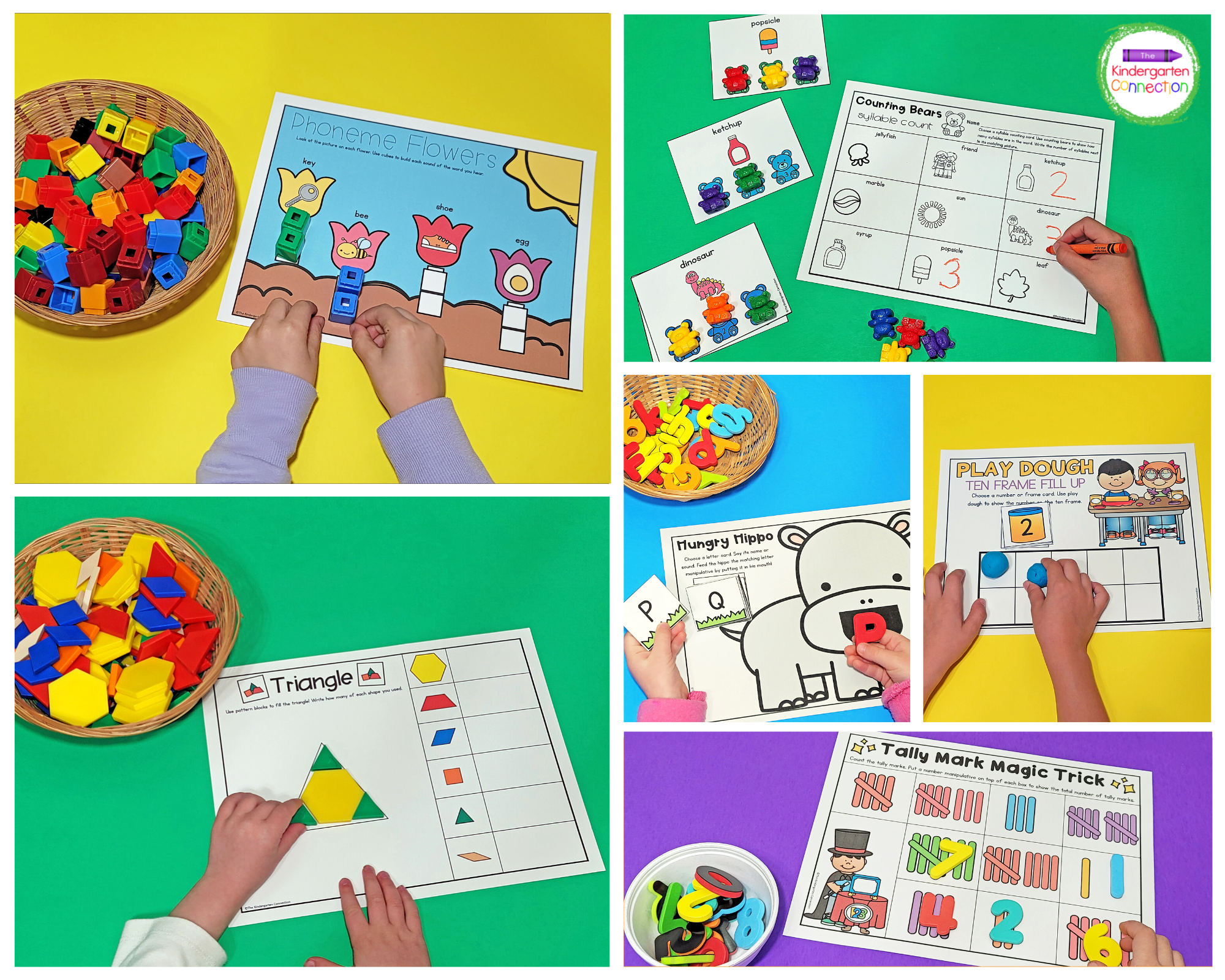 These manipulatives activities are designed for use with counting bears, play dough, pattern blocks, cubes, letters, numbers, and more!